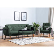 Conjunto elegante de sofá-cama verde com poltrona, estrutura de madeira de carpa, tecido 100% linho, pernas de madeira maciça | Perfeito para espaços modernos, elegante e funcional