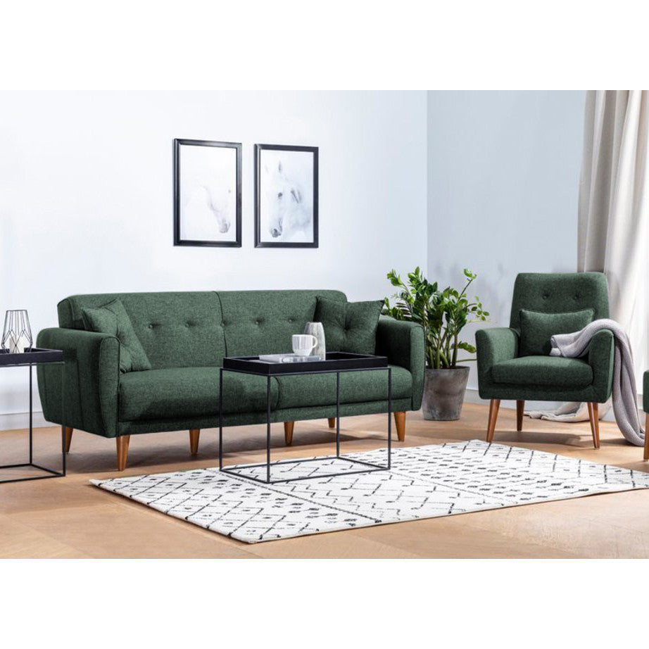 Conjunto elegante de sofá-cama verde com poltrona, estrutura de madeira de carpa, tecido 100% linho, pernas de madeira maciça | Perfeito para espaços modernos, elegante e funcional