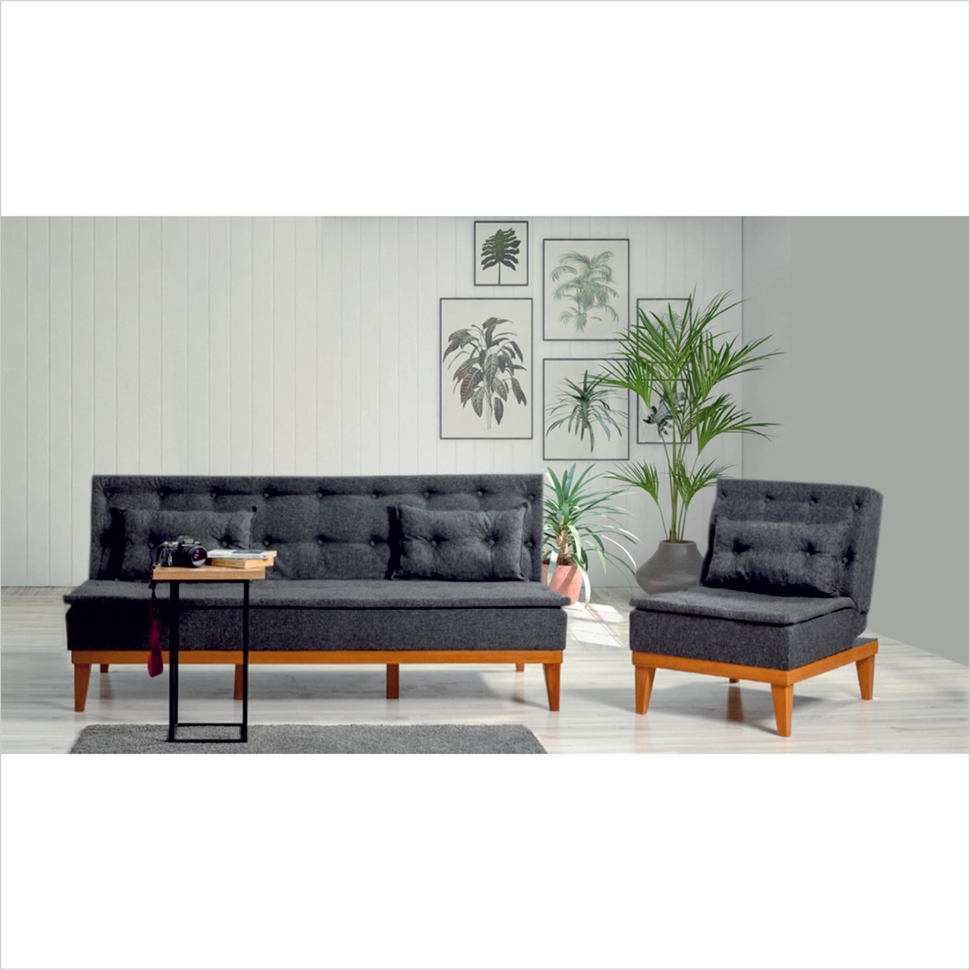 Conjunto elegante de sofá-cama com poltrona, antracite, estrutura em madeira de hornbeam, 100% linho, espuma 28 DNS | Perfeito para casas escandinavas rústicas