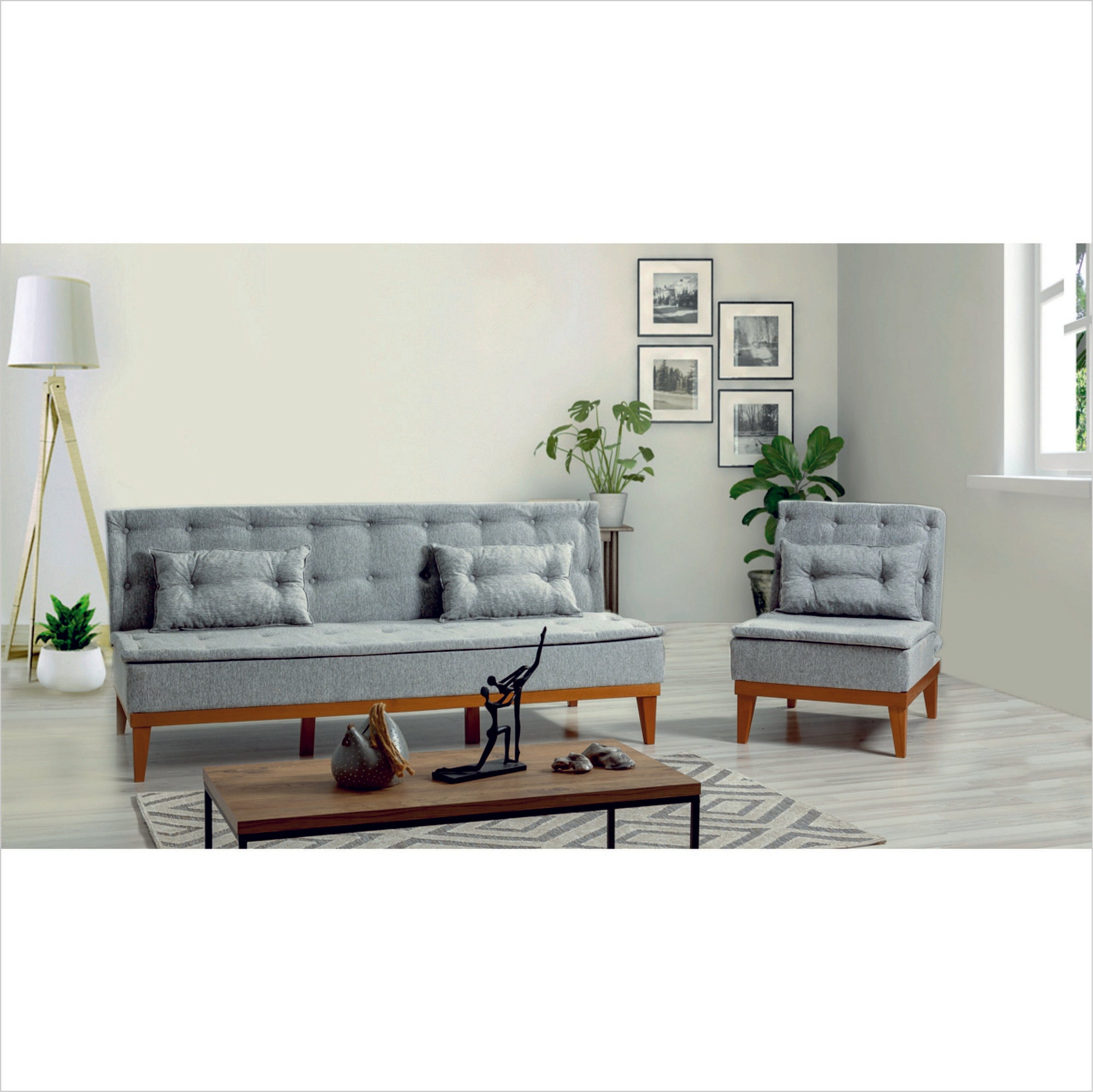 Elegante conjunto de sofá-cama cinza com poltrona, estrutura de madeira de carpa, 100% linho, espuma 28 DNS, perfeito para casas escandinavas rústicas | Versátil e elegante