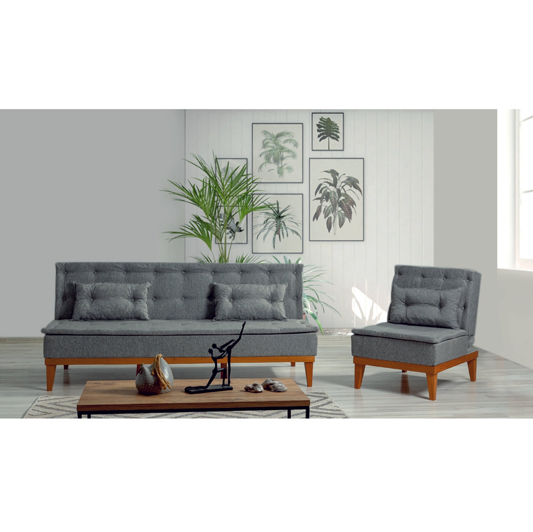 Elegante conjunto de sofá-cama cinza escuro com poltrona, estrutura de madeira de carpa, 100% linho, espuma 28 DNS | Perfeito para espaços rústicos escandinavos