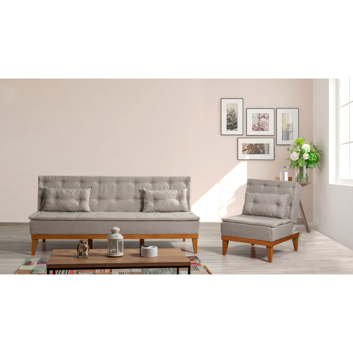 Conjunto de sofá-cama elegante em creme com poltrona, estrutura de madeira de carpa, 100% linho, espuma 28 DNS | Design escandinavo moderno, perfeito para espaços aconchegantes