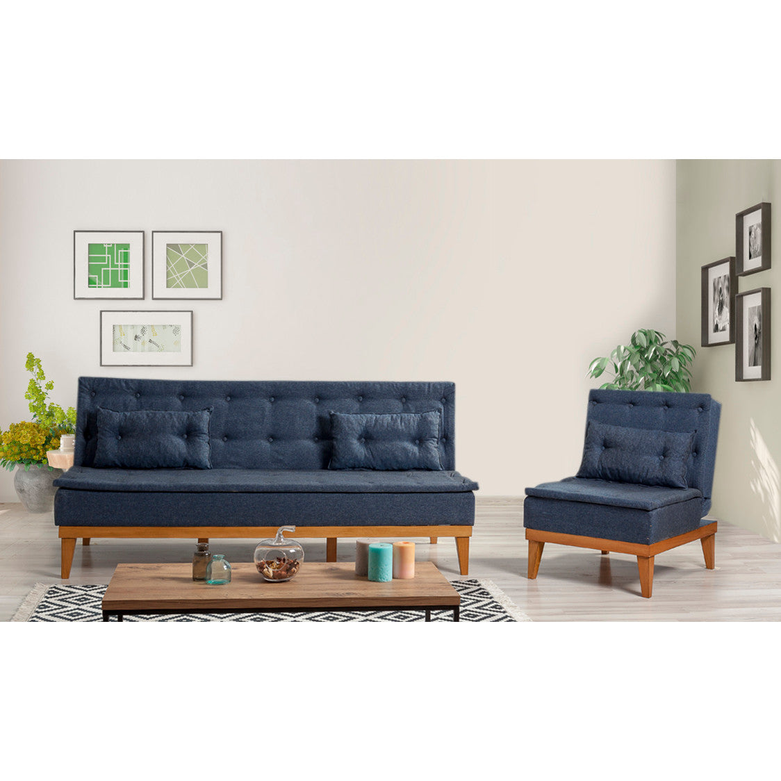 Elegante conjunto de sofá-cama azul-escuro com poltrona, estrutura em madeira de beija-flor, 100% linho, espuma 28 DNS | Perfeito para casas escandinavas rústicas, funcional e elegante
