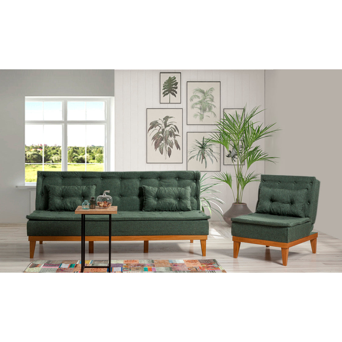 Elegante conjunto de sofá-cama verde com poltrona, estrutura de madeira de carpa, tecido 100% linho, espuma 28 DNS, perfeito para espaços modernos, funcional e elegante