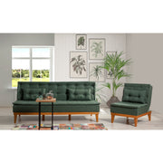 Elegante conjunto de sofá-cama verde com poltrona, estrutura de madeira de carpa, tecido 100% linho, espuma 28 DNS, perfeito para espaços modernos, funcional e elegante