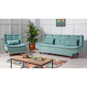 Conjunto de sofá-cama elegante em verde pistache, estrutura de madeira HORNBEAM, tecido 100% SOHO, espuma 28 DNS, perfeito para espaços modernos | Design versátil e elegante