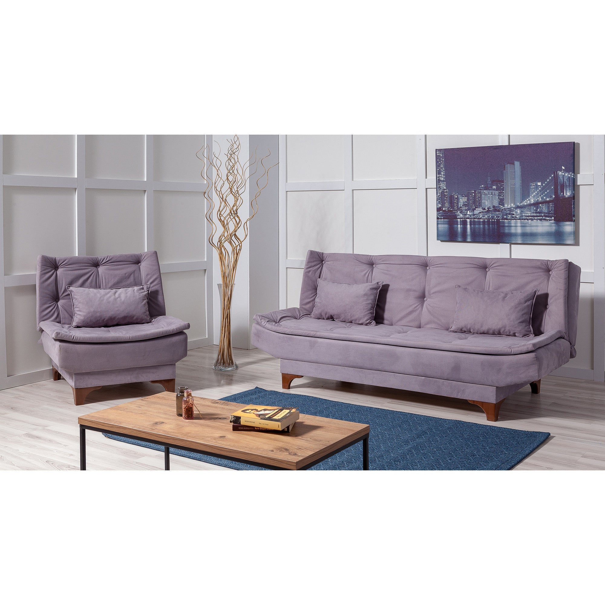 Conjunto de sofá-cama cinza elegante com poltrona, estrutura de madeira de carpa, tecido 100% Soho, espuma 28 DNS, perfeito para espaços modernos | Elegante e funcional