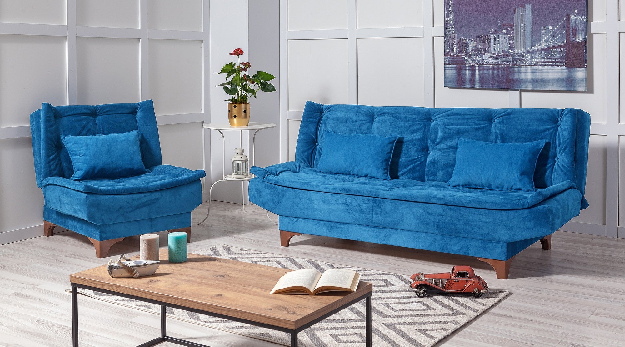 Elegante conjunto de sofá-cama azul-escuro com poltrona, estrutura de madeira de carpa, tecido 100% Soho, espuma 28 DNS, perfeito para espaços modernos | 190 cm x 85 cm