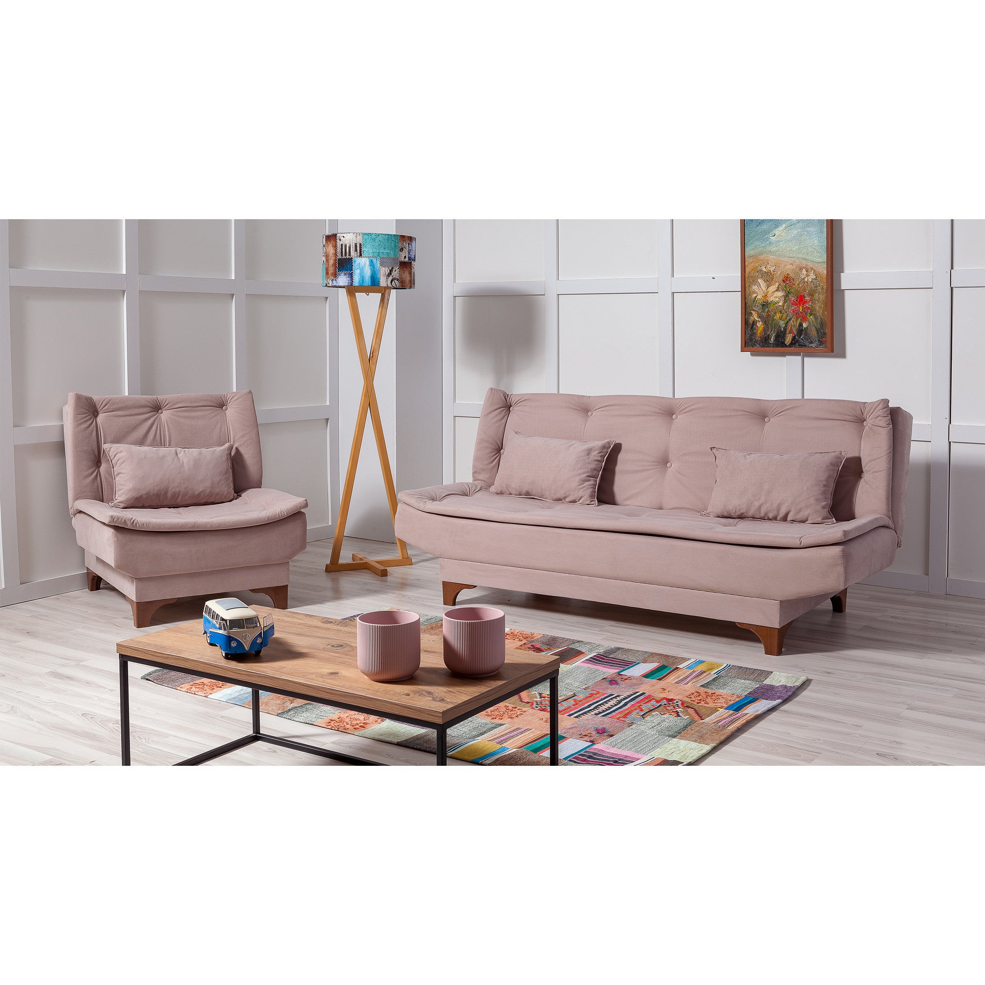 Conjunto elegante de sofá-cama com poltrona, cor pedra, estrutura de madeira hornbeam, tecido 100% SOHO, espuma 28 DNS | Perfeito para espaços modernos