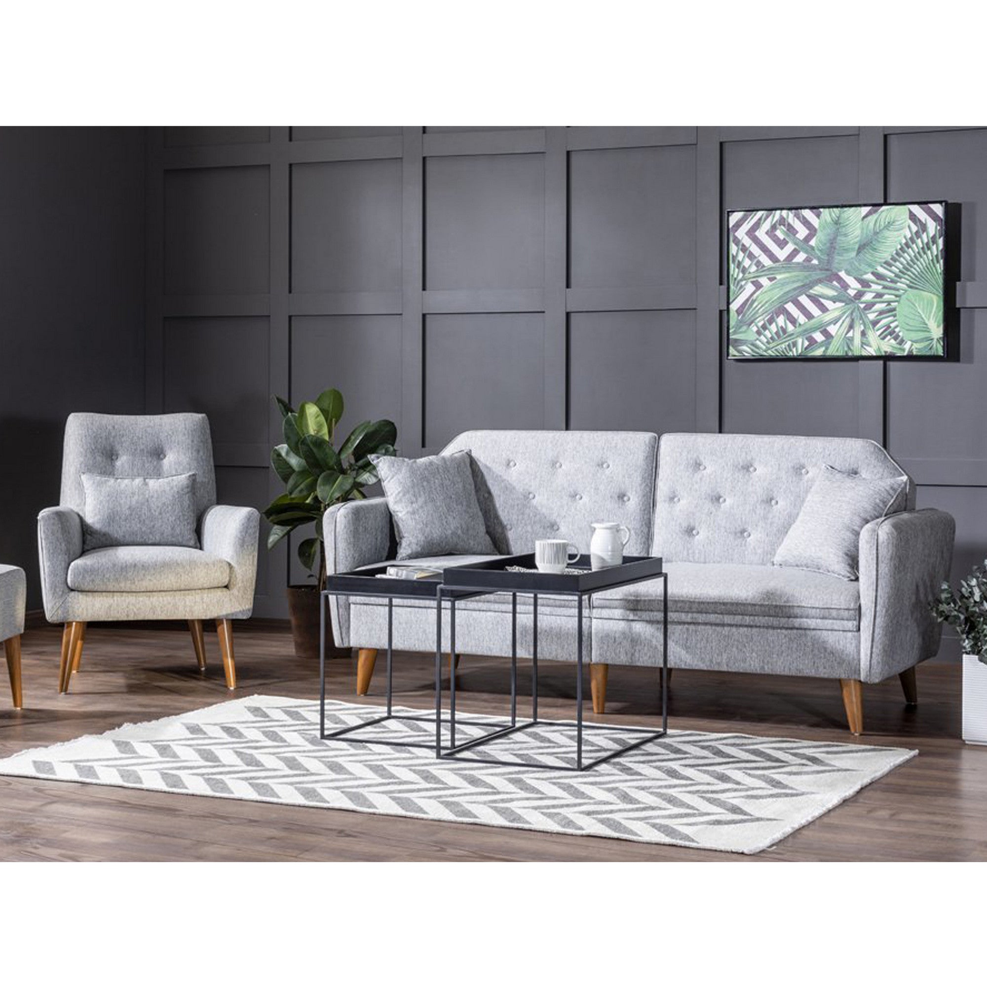 Conjunto de sofá-cama cinza moderno com poltrona, estrutura de madeira de carpa, 100% linho, pernas de madeira maciça | Elegante e funcional para uso doméstico e em hotéis