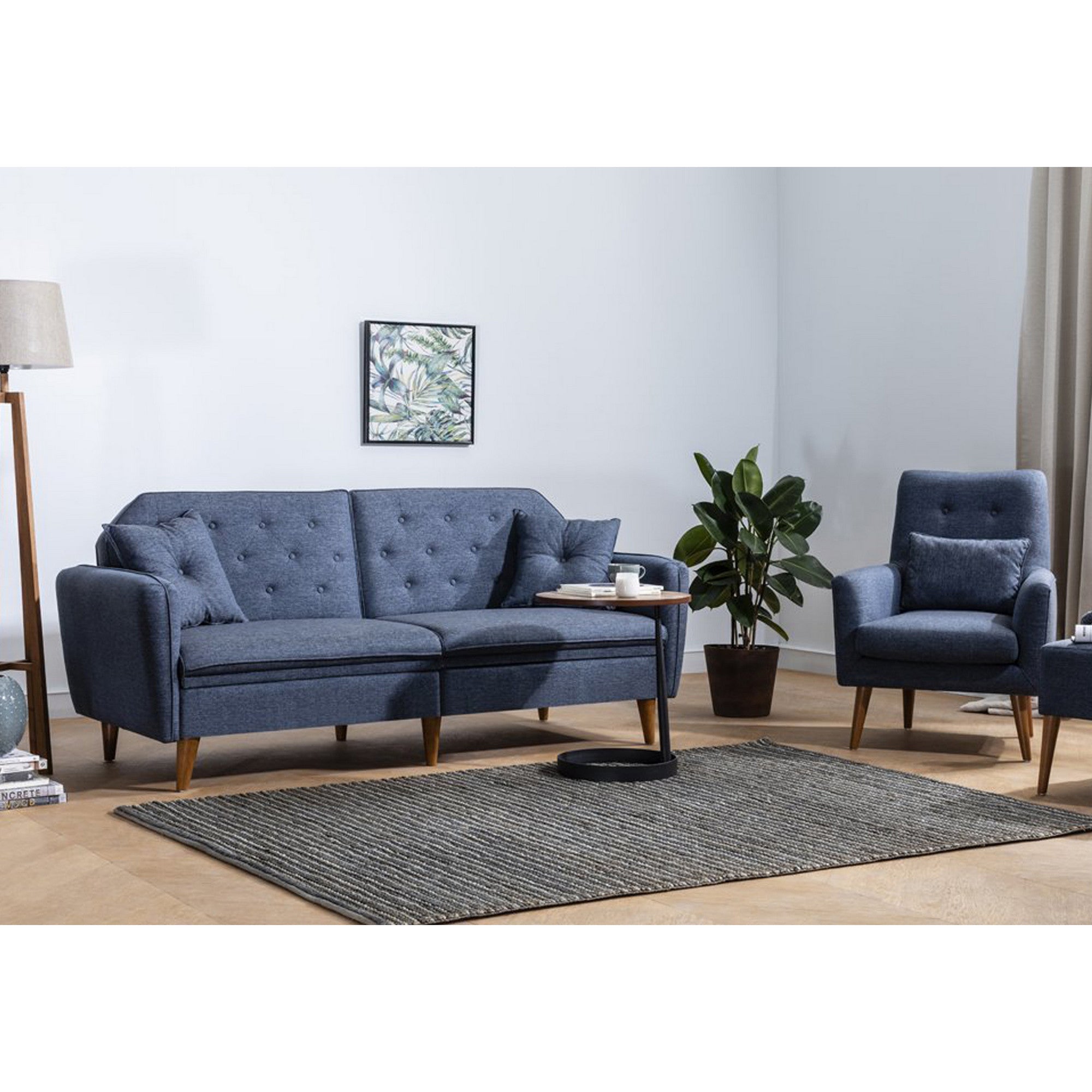 Elegante conjunto de sofá-cama azul-escuro com poltrona, estrutura de madeira de carpa, 100% linho, pernas de madeira maciça | Design americano moderno para residências e hotéis