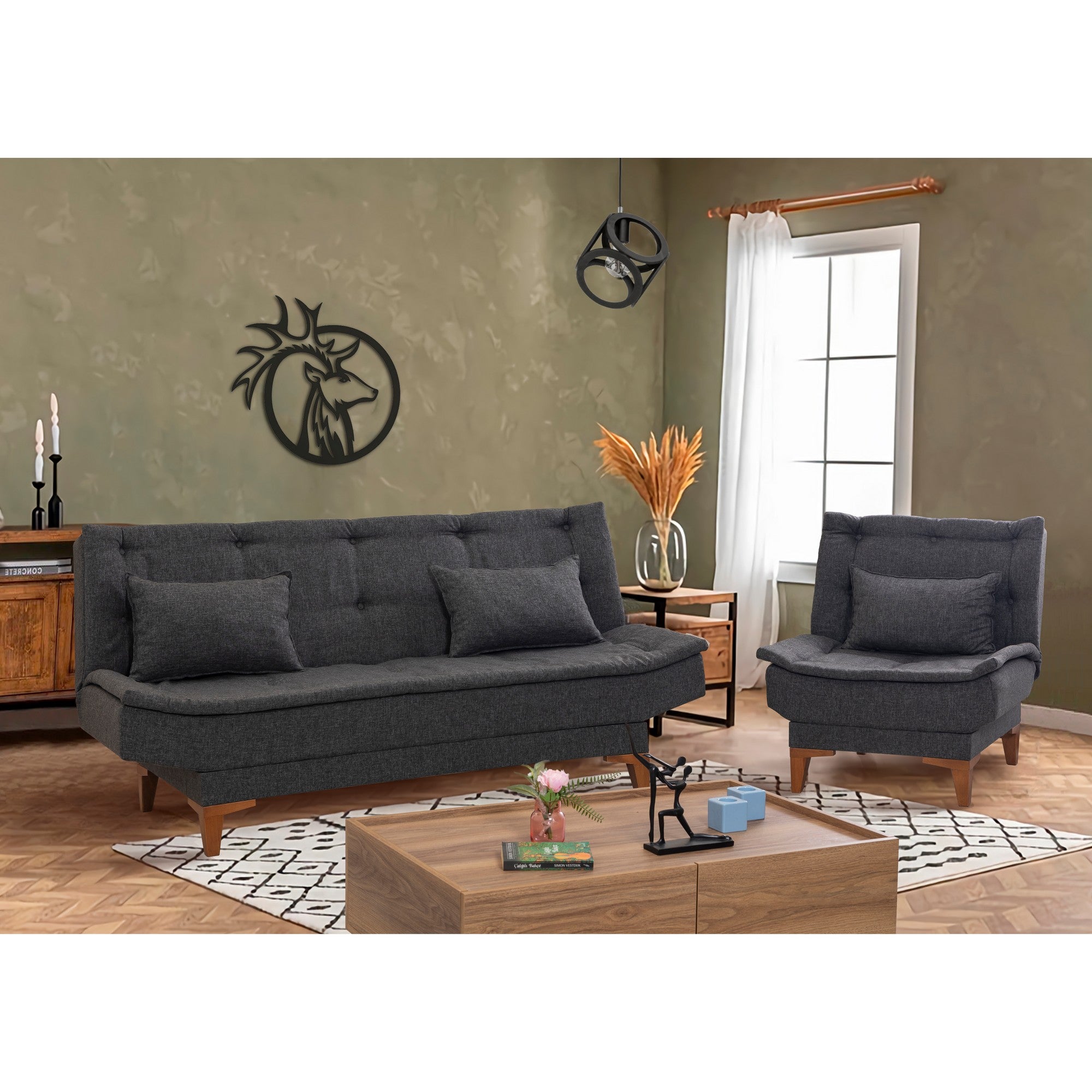 Elegante conjunto de sofá-cama antracite com poltrona, estrutura de madeira de faia, tecido 100% linho, espuma 28 DNS, perfeito para espaços modernos, elegante e funcional