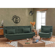 Conjunto elegante de sofá-cama verde com poltrona, estrutura de madeira de faia, tecido 100% linho, espuma 28 DNS, design moderno para espaços de estar elegantes