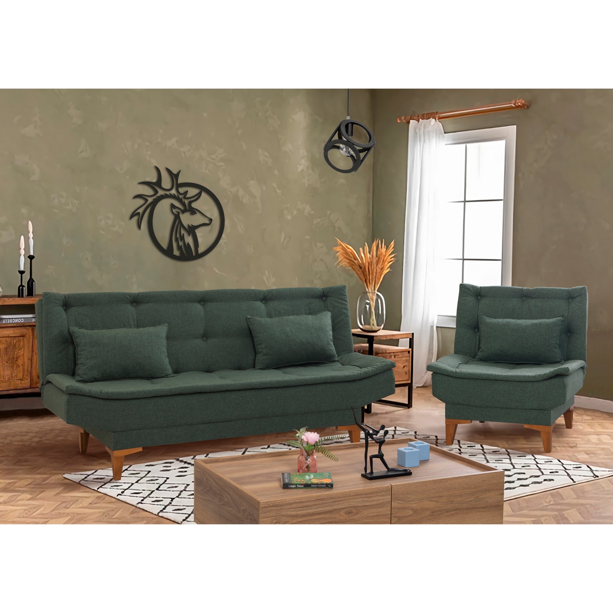 Conjunto elegante de sofá-cama verde com poltrona, estrutura de madeira de faia, tecido 100% linho, espuma 28 DNS, design moderno para espaços de estar elegantes