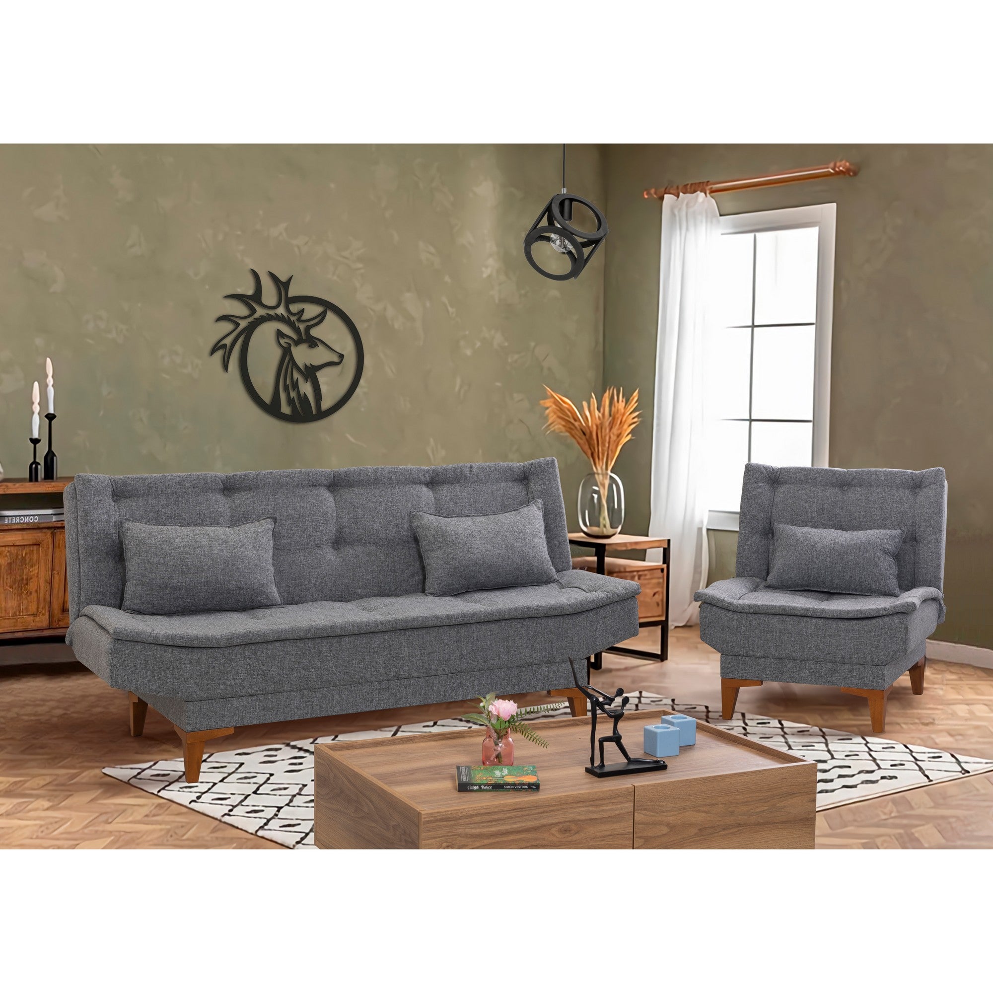 Conjunto elegante de sofá-cama cinza escuro com poltrona, estrutura de madeira de faia e tecido 100% linho | Espuma DNS 28 confortável | Perfeito para espaços modernos