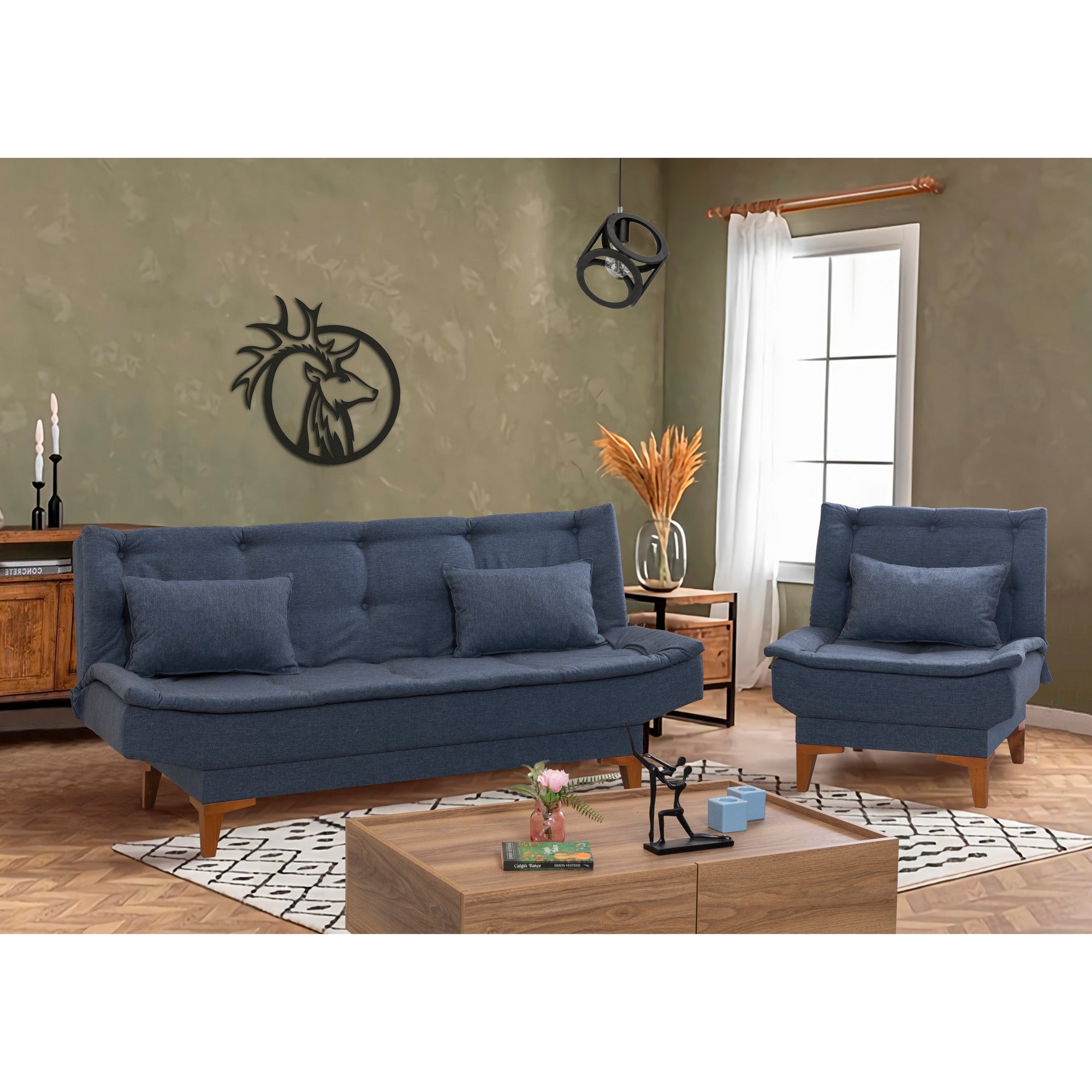 Conjunto elegante de sofá-cama azul-escuro com poltrona, estrutura de madeira de faia e tecido 100% linho | Espuma DNS 28 confortável | Perfeito para espaços modernos