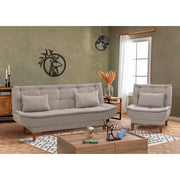 Conjunto de sofá-cama elegante em creme com poltrona, estrutura em madeira de faia, tecido 100% linho, espuma 28 DNS, perfeito para ambientes modernos | Elegante e funcional