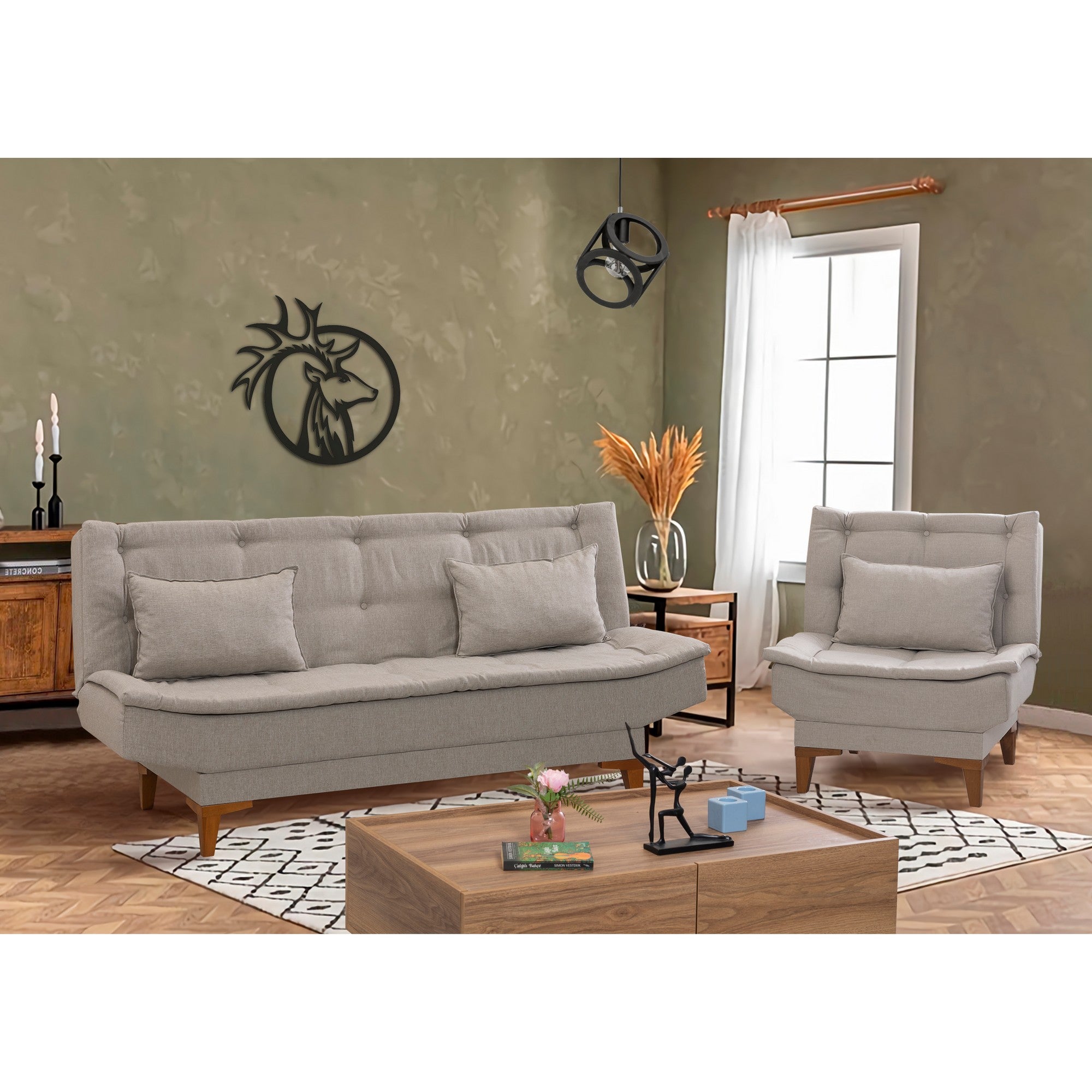 Conjunto de sofá-cama elegante em creme com poltrona, estrutura em madeira de faia, tecido 100% linho, espuma 28 DNS, perfeito para ambientes modernos | Elegante e funcional