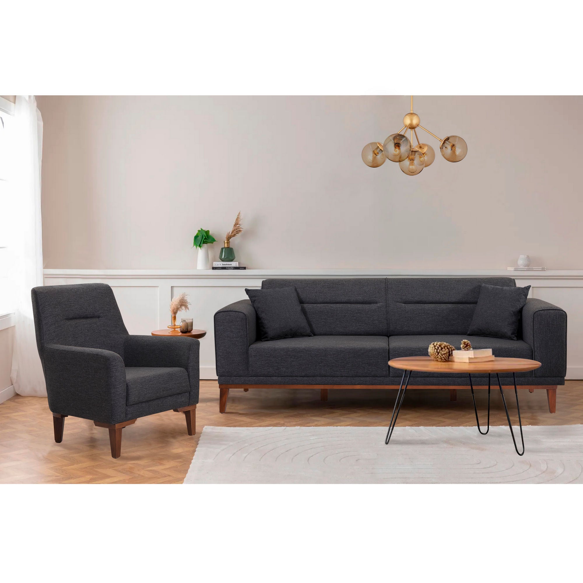 Conjunto de sofá-cama moderno com poltrona, antracite, sofá de 3 lugares (223 cm) e cama (177 cm) | Estrutura 100% madeira de carpa, espuma 28 DNS, design elegante e funcional