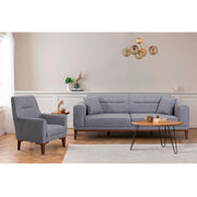 Conjunto de sofá-cama cinza moderno com poltrona, estrutura 100% madeira de carpa, espuma 28 DNS, elegante e funcional, perfeito para decoração de casa e hotel, 3 lugares