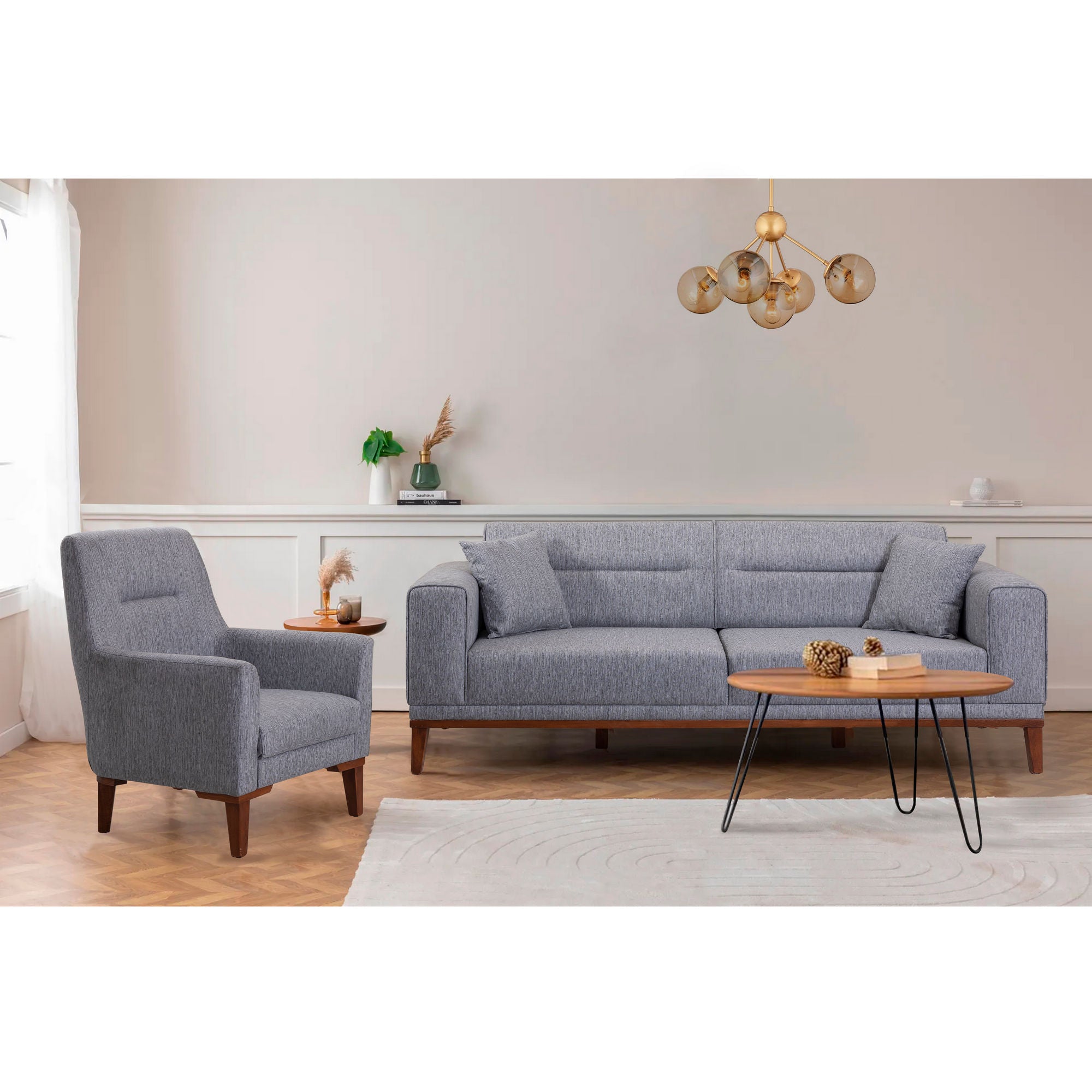 Conjunto de sofá-cama cinza moderno com poltrona, estrutura 100% madeira de carpa, espuma 28 DNS, elegante e funcional, perfeito para decoração de casa e hotel, 3 lugares