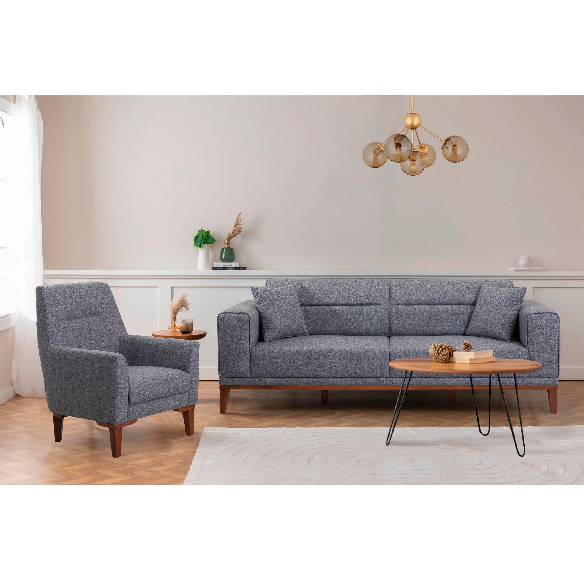 Conjunto de sofá-cama moderno com poltrona, cinza escuro, sofá de 3 lugares (223 cm) e cama (177 cm) | Estrutura 100% madeira de carpa, espuma 28 DNS, design elegante e funcional