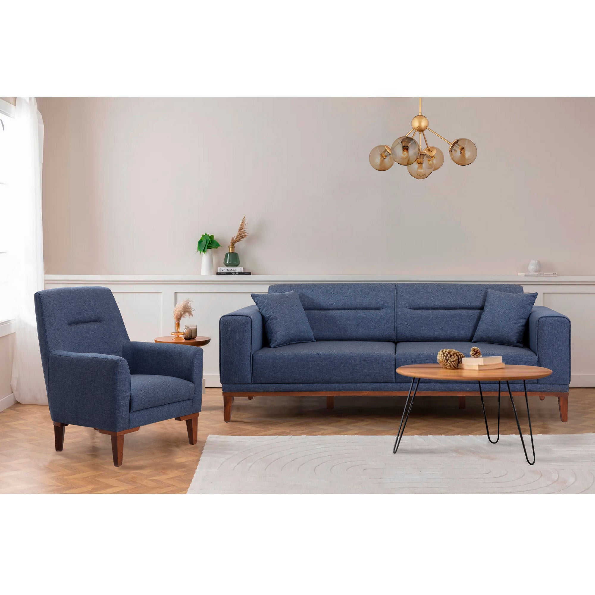 Conjunto de sofá-cama moderno azul-escuro com poltrona, estrutura 100% madeira de carpa e tecido de poliéster, sofá de 3 lugares (223 cm) | Elegante e funcional para casa e hotel