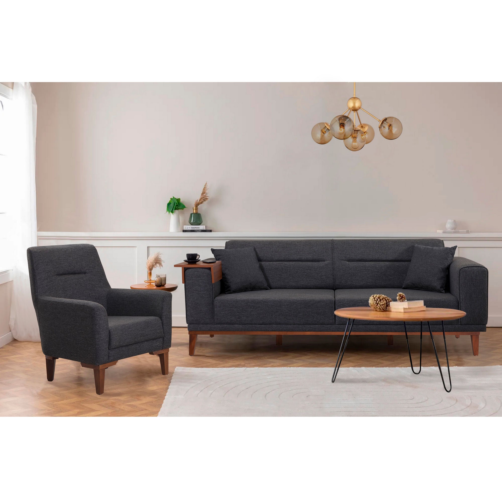 Conjunto de sofá-cama moderno (3 peças) em antracite, estrutura 100% madeira de carpa, espuma 28 DNS, inclui poltrona e mesa lateral | Perfeito para espaços de estar elegantes