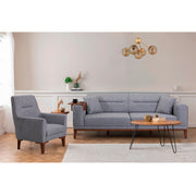 Conjunto de sofá-cama cinza moderno com poltrona e mesa lateral, estrutura 100% madeira de carpa, espuma 28 DNS, elegante e funcional para decoração de casa e hotel