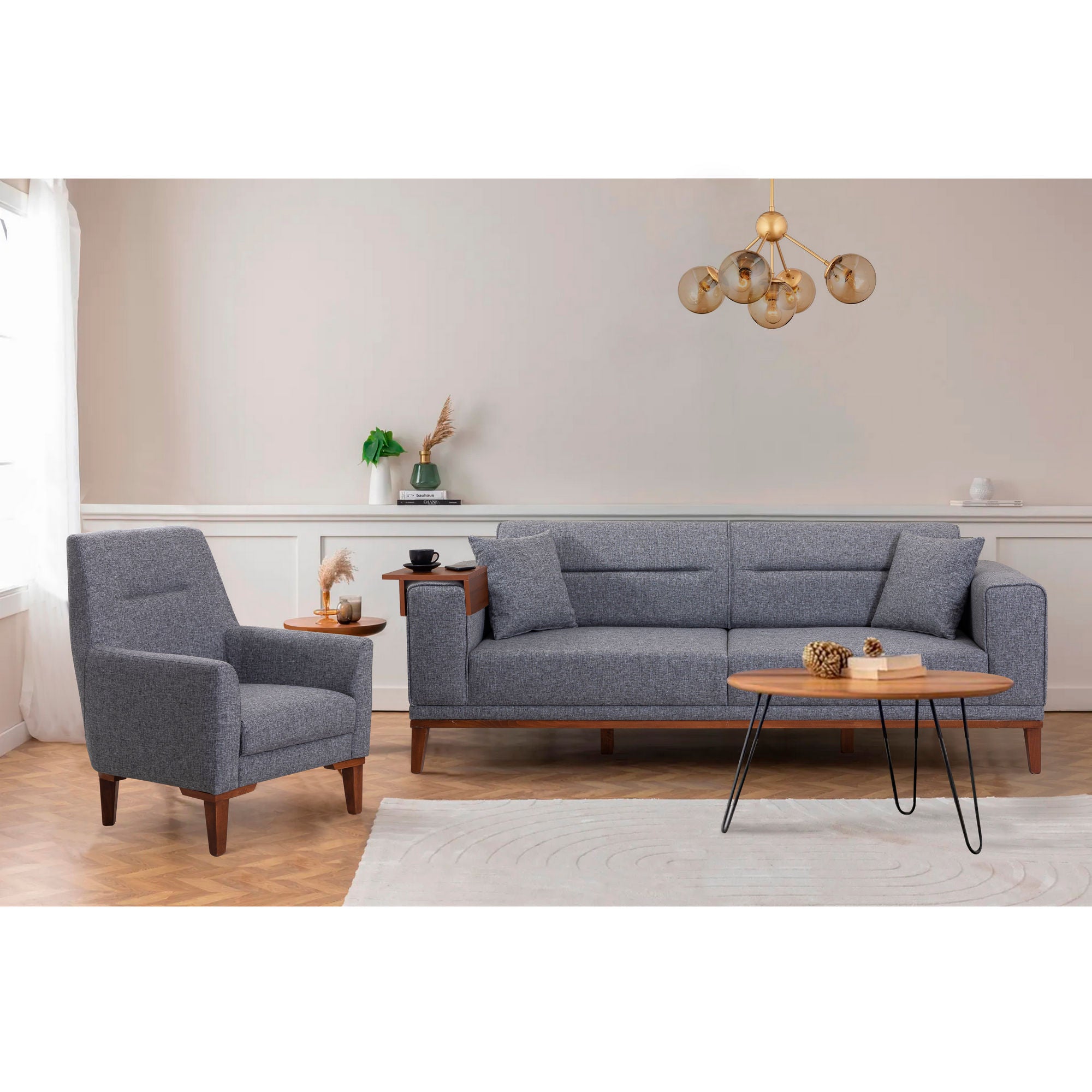 Conjunto de sofá-cama moderno com poltrona e mesa lateral, cinza escuro, 3 lugares (223 cm) | Estrutura 100% madeira de carpa, espuma 28 DNS | Elegante e funcional para casa e hotel