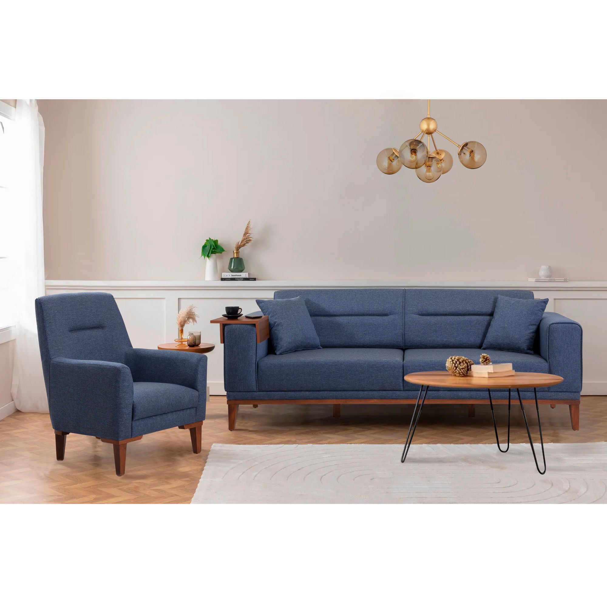 Conjunto de sofá-cama azul escuro moderno com poltrona e mesa lateral, estrutura 100% madeira de carpa, espuma 28 DNS, design elegante para uso doméstico e hoteleiro, conjunto de 3 peças