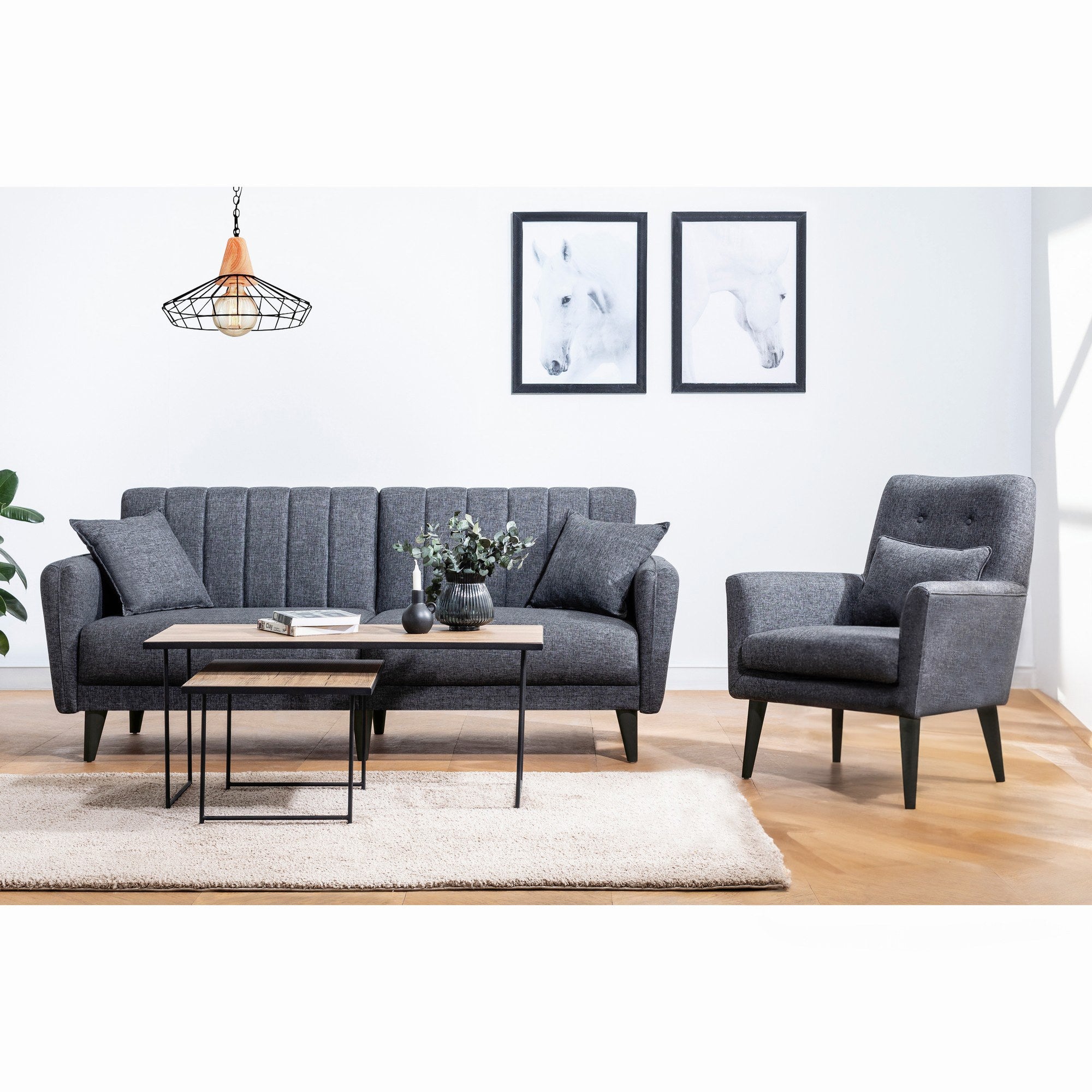 Conjunto elegante de sofá-cama com poltrona, antracite, 205 cm | Estrutura 100% madeira de carpa, espuma 28 DNS, pernas de madeira | Perfeito para espaços modernos
