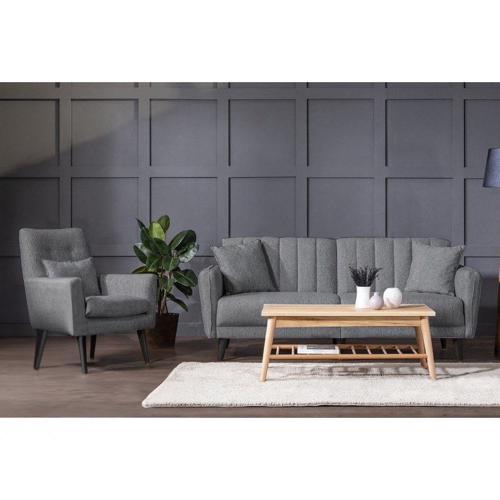 Elegante conjunto de sofá-cama cinza escuro com poltrona, estrutura 100% madeira de carpa e tecido de poliéster, sofá de 205 cm, perfeito para espaços de estar modernos