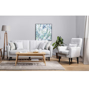 Elegante conjunto de sofá-cama creme com poltrona, estrutura 100% madeira de carpa, espuma 28 DNS, pernas de madeira | Sofá: 205 x 80 x 90 cm, Cama: 110 x 180 cm | Perfeito para espaços modernos
