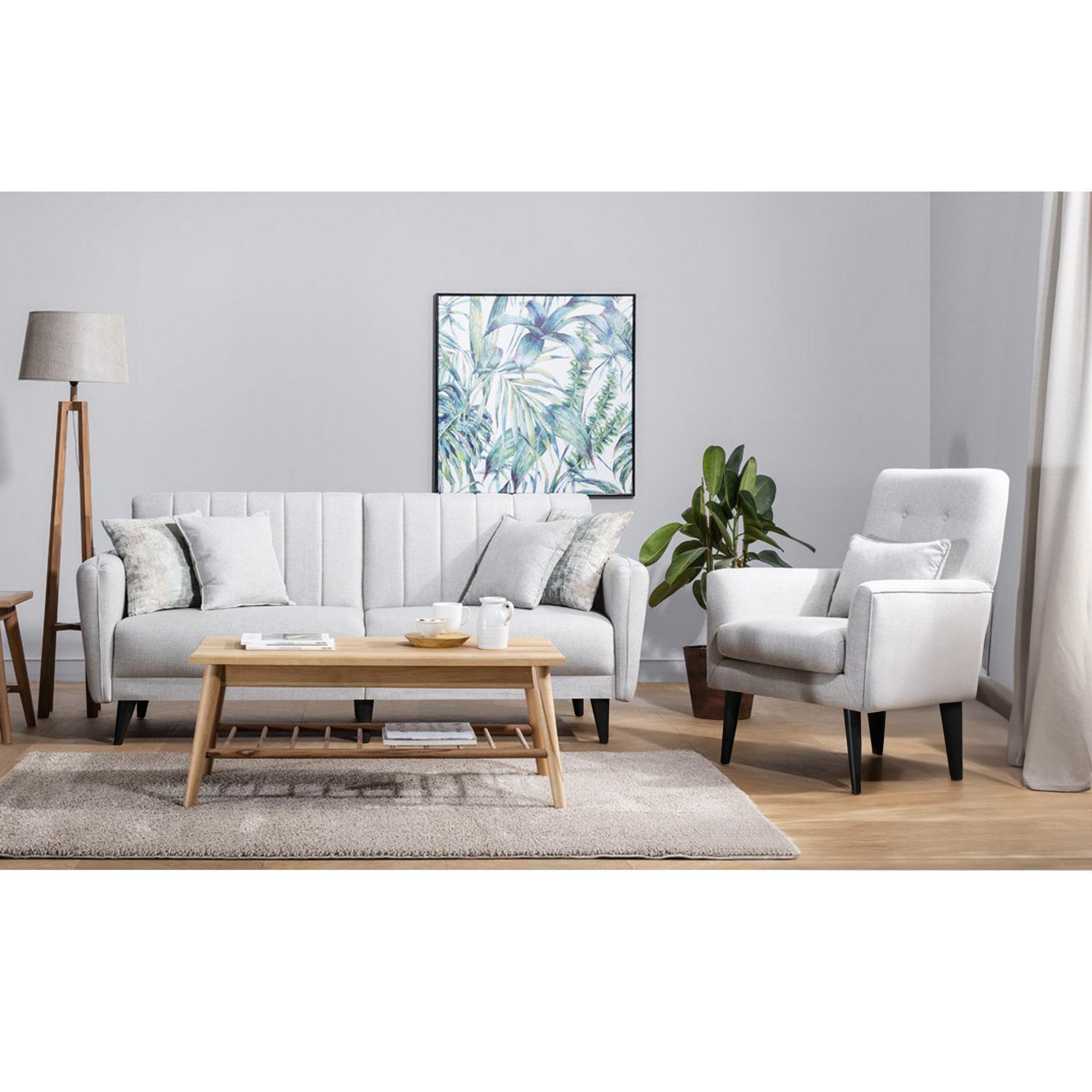 Elegante conjunto de sofá-cama creme com poltrona, estrutura 100% madeira de carpa, espuma 28 DNS, pernas de madeira | Sofá: 205 x 80 x 90 cm, Cama: 110 x 180 cm | Perfeito para espaços modernos