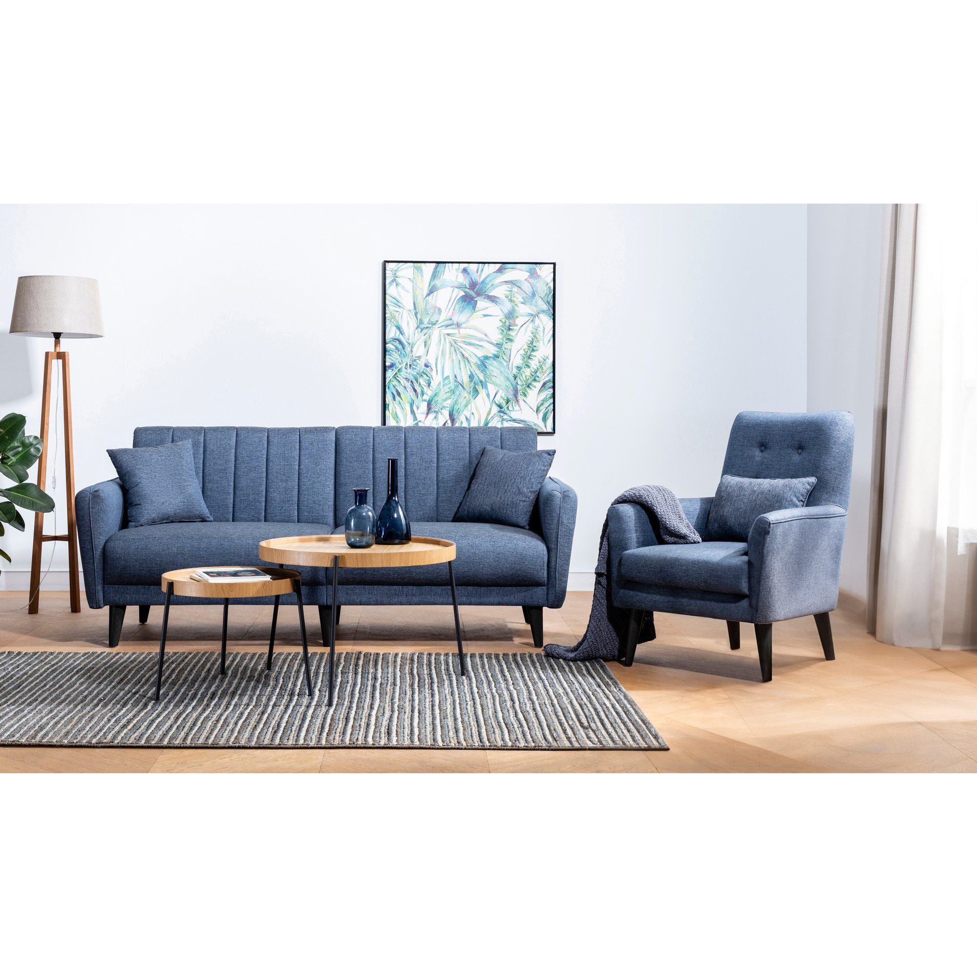 Conjunto de sofá-cama azul-marinho com poltrona, estrutura 100% madeira de carpa e tecido de poliéster, sofá de 205 cm e cama de 110 cm | Design elegante para espaços de convivência modernos