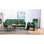 Elegante conjunto de sofá-cama verde com poltrona, estrutura 100% madeira de carpa, espuma 28 DNS, pernas de madeira | Sofá: 205x80x90 cm, Cama: 110x180 cm | Elegante e funcional