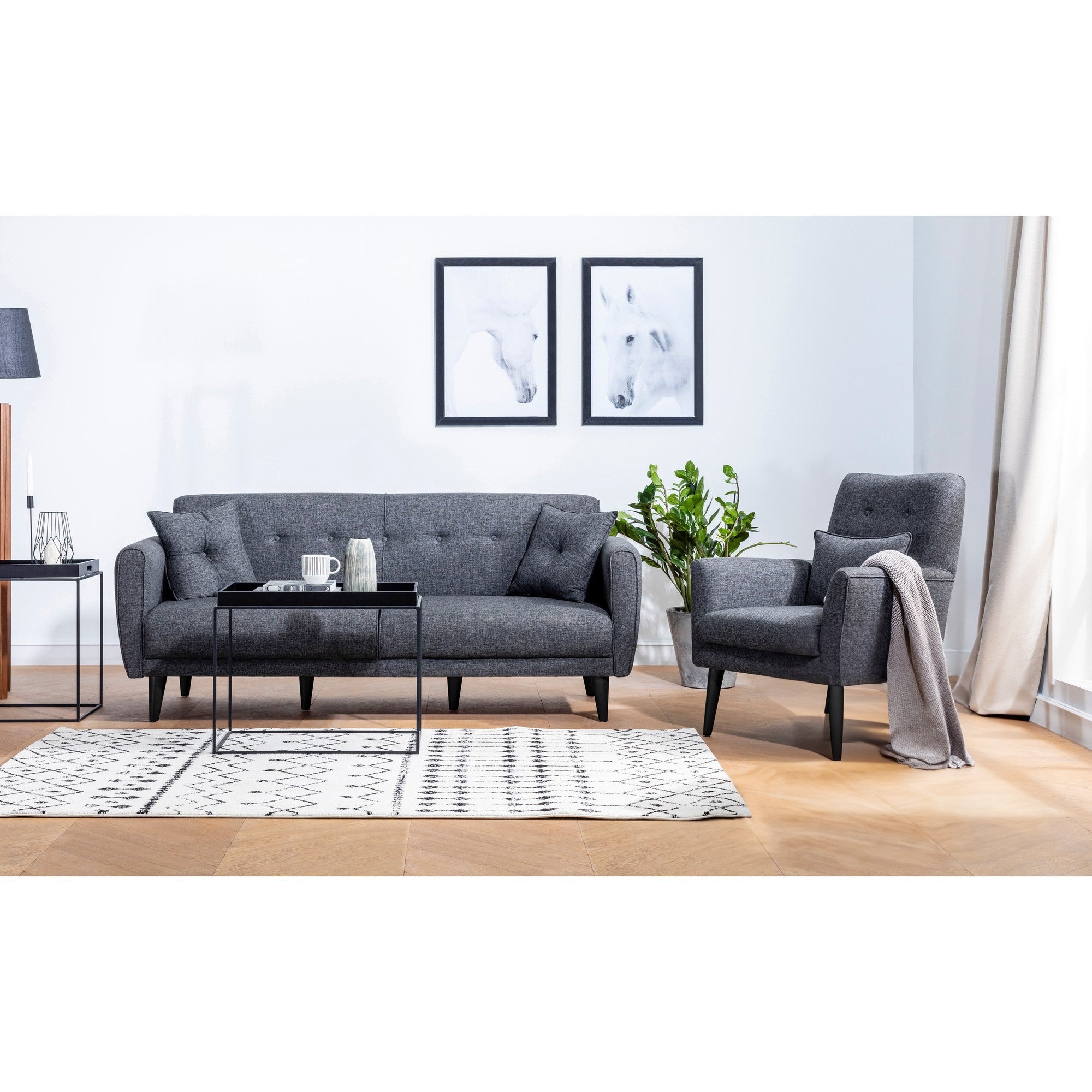 Conjunto elegante de sofá-cama com poltrona, antracite, 205 cm | Estrutura 100% madeira de carpa, espuma 28 DNS, elegante e funcional para espaços de convivência modernos
