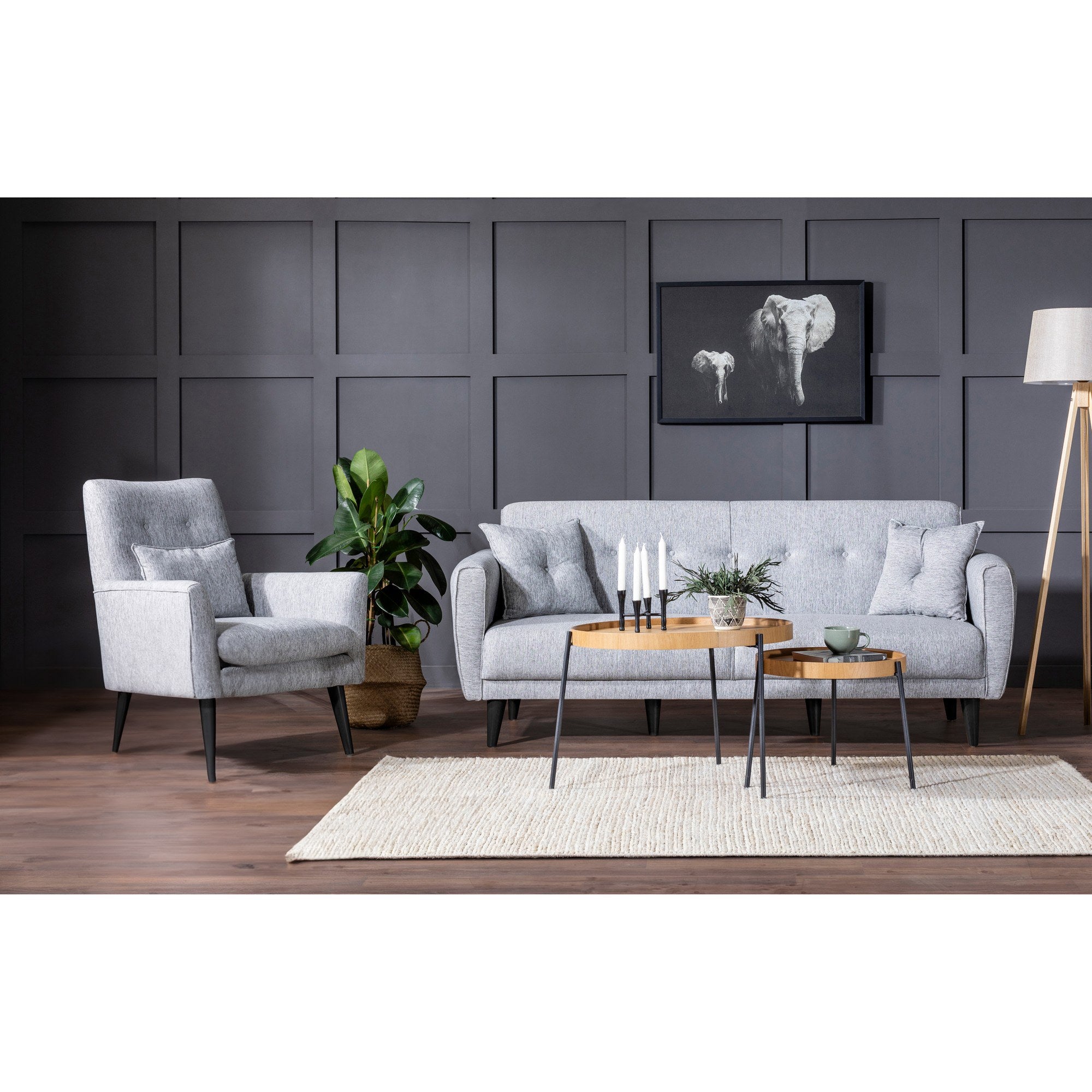 Elegante conjunto de sofá-cama cinza com poltrona, estrutura 100% madeira de carpa e tecido de poliéster, sofá de 205 cm, perfeito para espaços de estar modernos, elegante e funcional