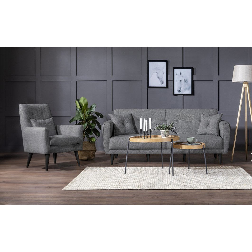 Elegante conjunto de sofá-cama cinza escuro com poltrona, estrutura 100% madeira de carpa e tecido de poliéster, sofá de 205 cm, perfeito para espaços de estar modernos