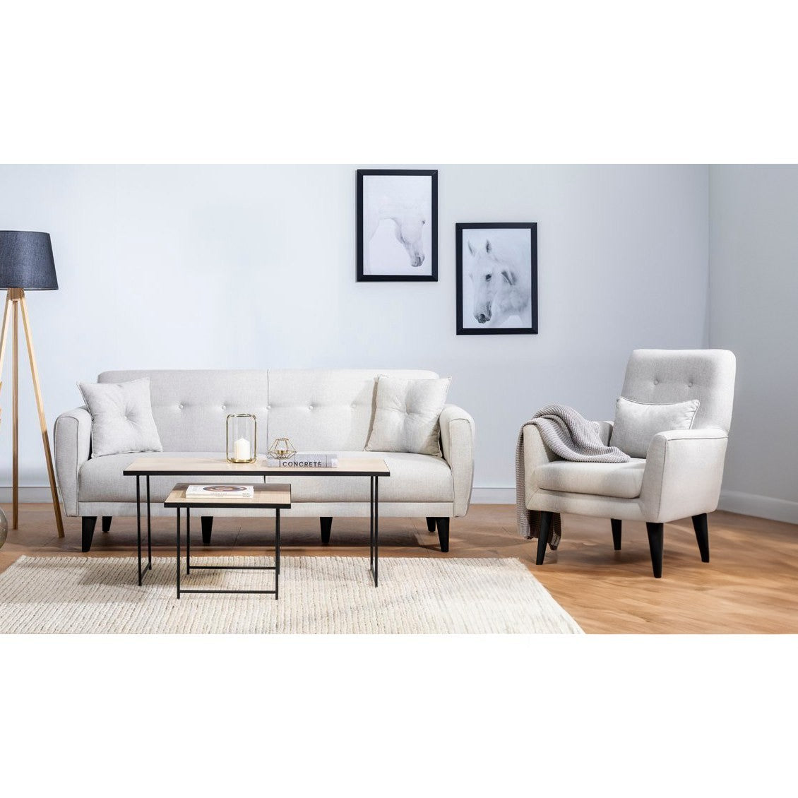 Elegante conjunto de sofá-cama creme com poltrona, estrutura 100% madeira de carpa e tecido de poliéster, sofá de 205 cm, perfeito para espaços de estar modernos e confortáveis