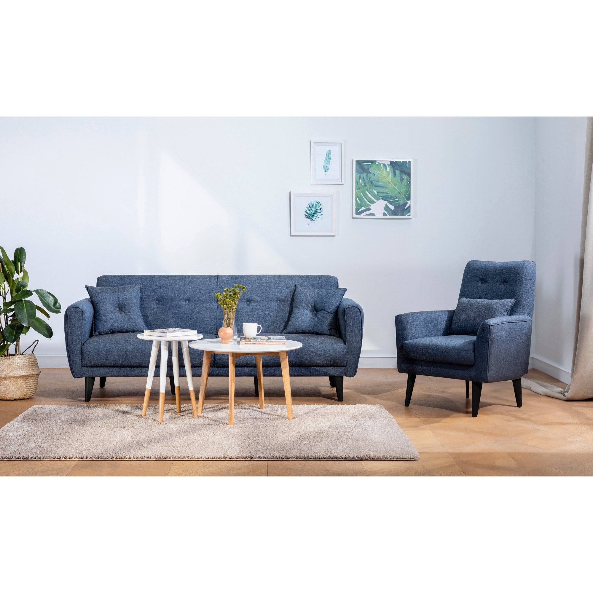 Conjunto de sofá-cama azul-marinho com poltrona, estrutura 100% madeira de carpa e tecido de poliéster, sofá de 205 cm, design elegante para espaços de estar modernos