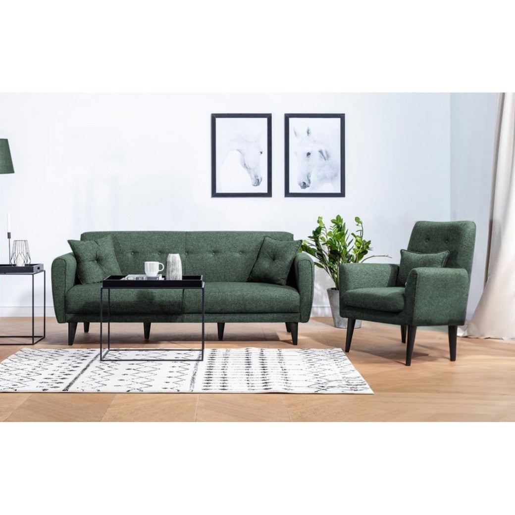Elegante conjunto de sofá-cama verde com poltrona, estrutura 100% madeira de carpa e tecido de poliéster, sofá de 205 cm, perfeito para espaços de estar modernos e confortáveis