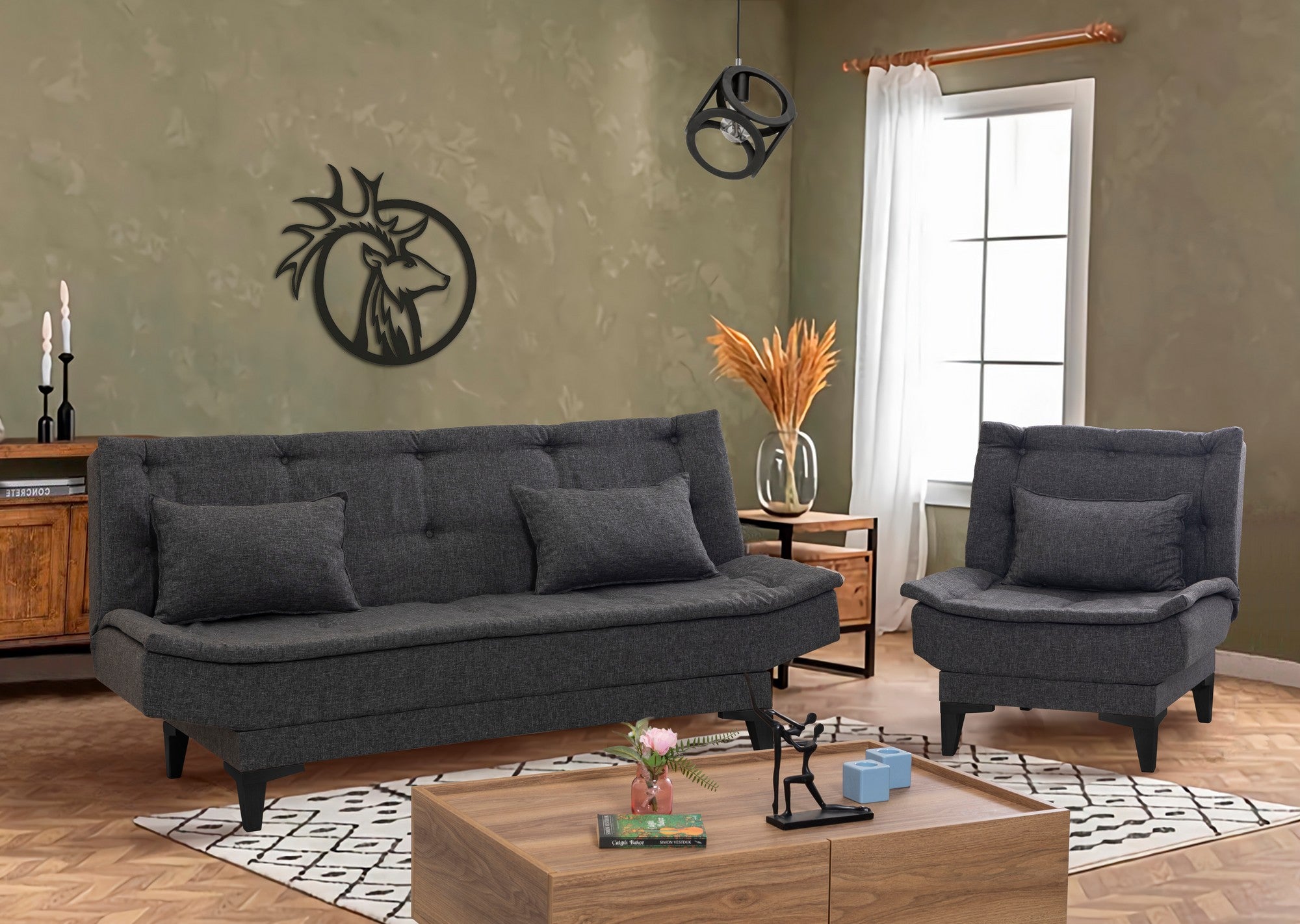 Conjunto elegante de sofá-cama com poltrona, antracite, estrutura 100% madeira de carpa e tecido de linho | Sofá: 186 x 85 cm, Cama: 106 x 186 cm | Design elegante e funcional