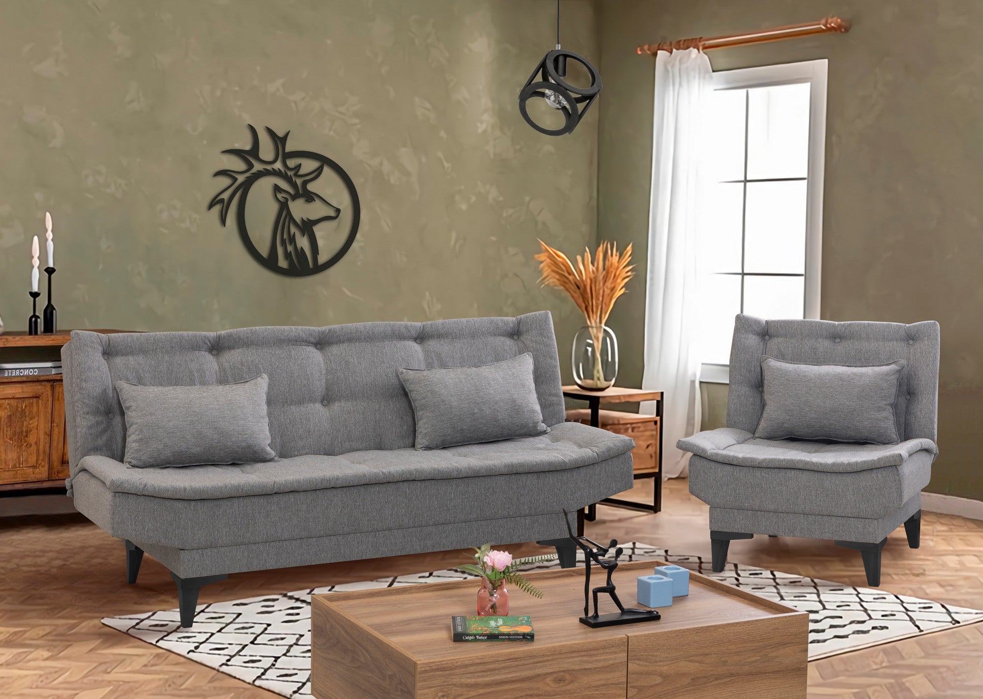Elegante conjunto de sofá-cama cinza com poltrona, estrutura 100% madeira de carpa e tecido de linho, sofá de 186 cm, perfeito para salas de estar modernas e espaços para hóspedes
