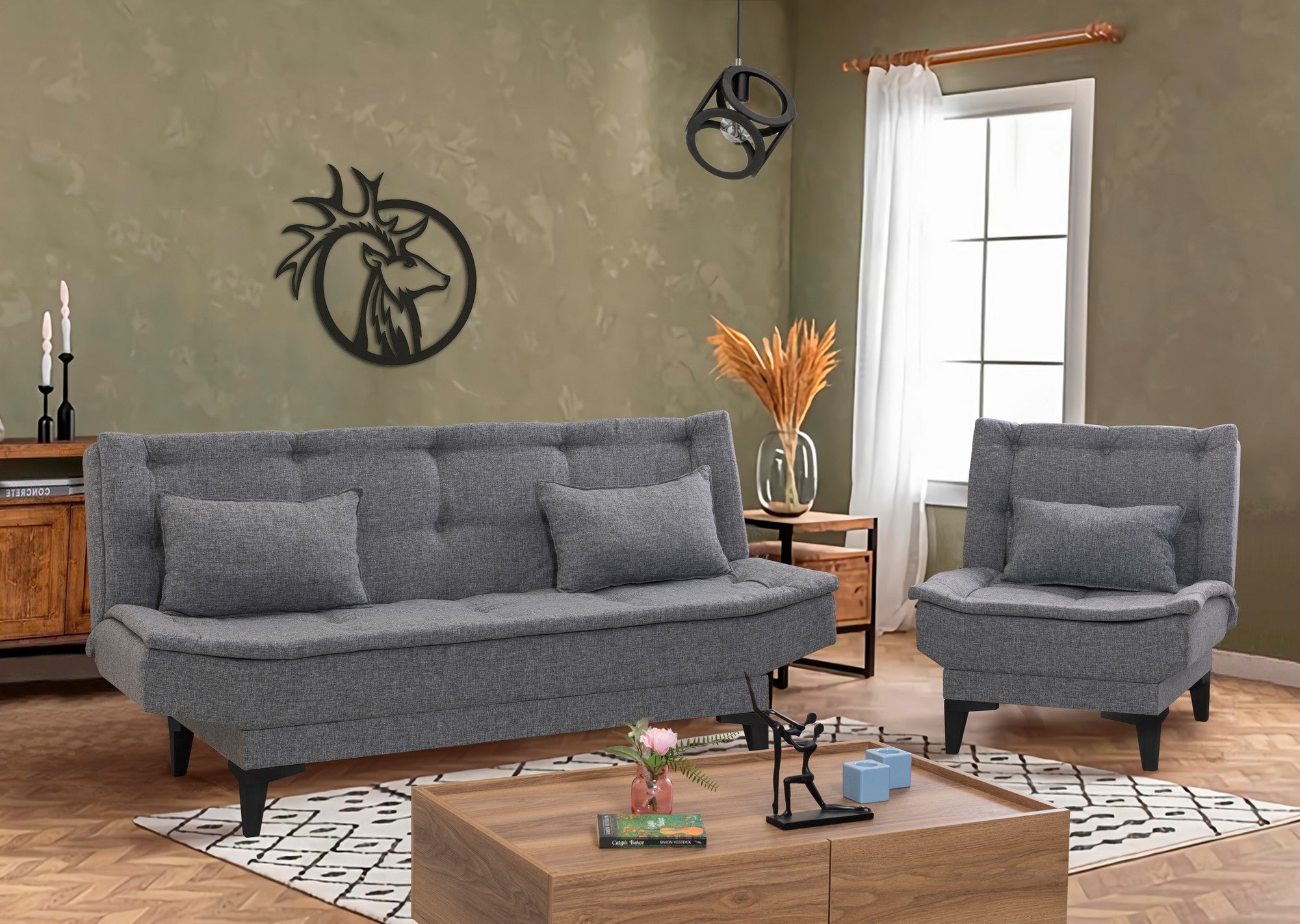 Elegante conjunto de sofá-cama cinza escuro com poltrona, estrutura 100% madeira de carpa e tecido de linho, sofá de 186 cm, perfeito para espaços de estar modernos e confortáveis