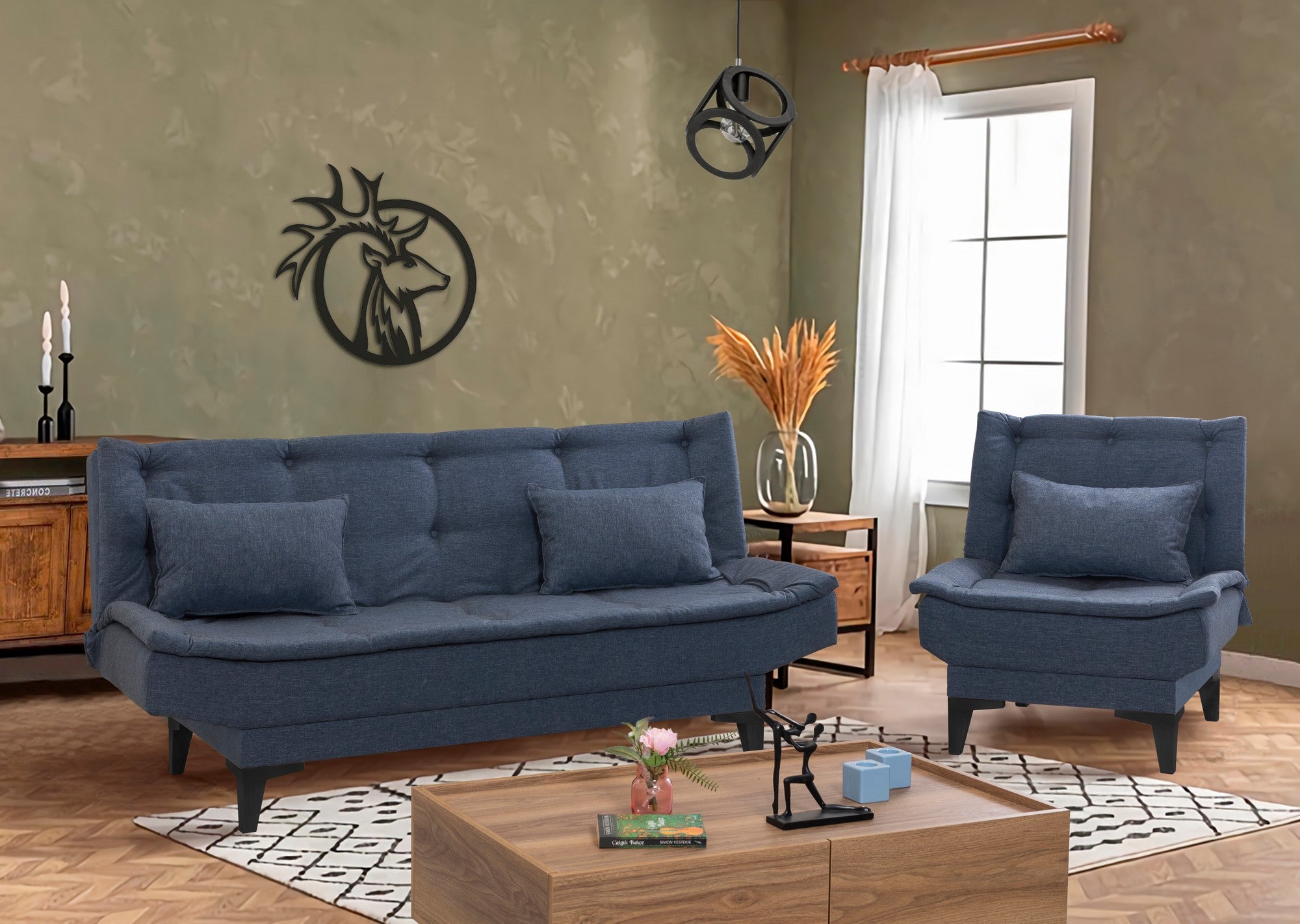 Conjunto de sofá-cama azul-marinho com poltrona, estrutura 100% madeira de carpa e tecido de linho, sofá de 186 cm, design elegante para espaços de estar modernos