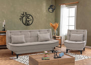 Elegante conjunto de sofá-cama creme com poltrona, estrutura 100% madeira de carpa e tecido de linho, sofá de 186 cm, perfeito para salas de estar modernas e espaços para hóspedes