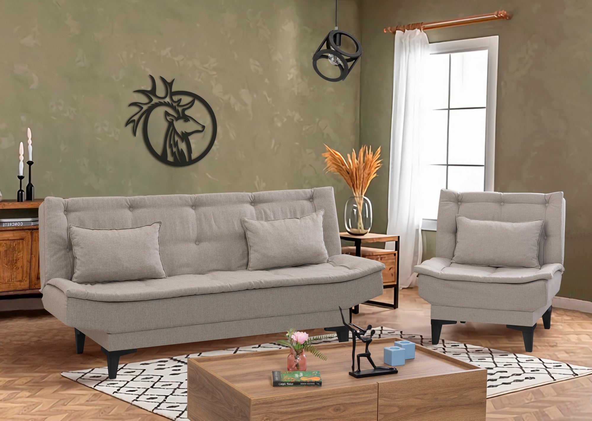 Elegante conjunto de sofá-cama creme com poltrona, estrutura 100% madeira de carpa e tecido de linho, sofá de 186 cm, perfeito para salas de estar modernas e espaços para hóspedes