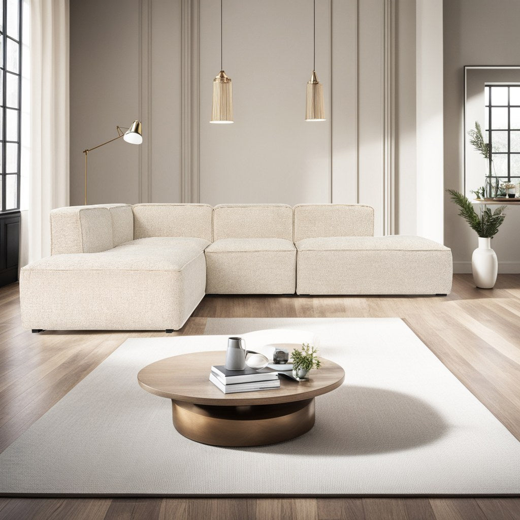 Sofá de canto elegante em creme, estrutura de madeira de faia, 280 cm de largura, espuma 28 DNS, pernas de plástico, perfeito para salas de estar modernas e espaços aconchegantes